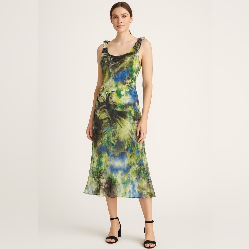 Komarov Womens Delicate Watercolor Design Dress Size M Crinkle Pattern Midi